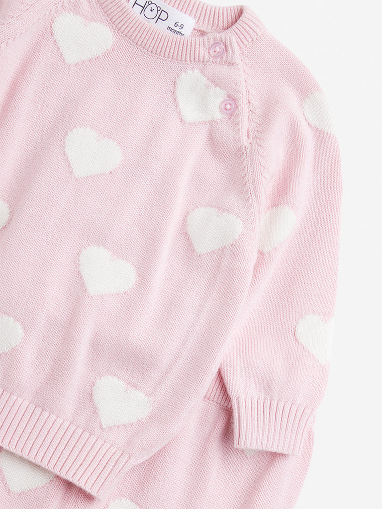 HOP Baby Pink Heart Design Cotton Sweater with Joggers Set