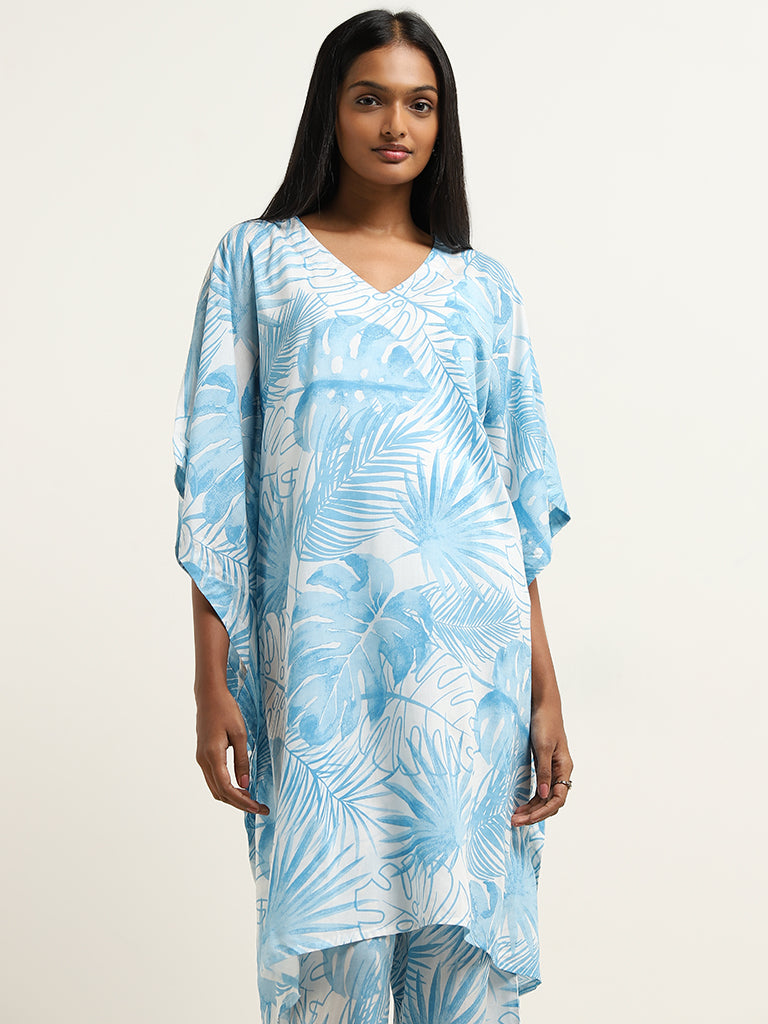 Utsa Blue Leaf Patterned A-Line Kaftan-Style Kurta