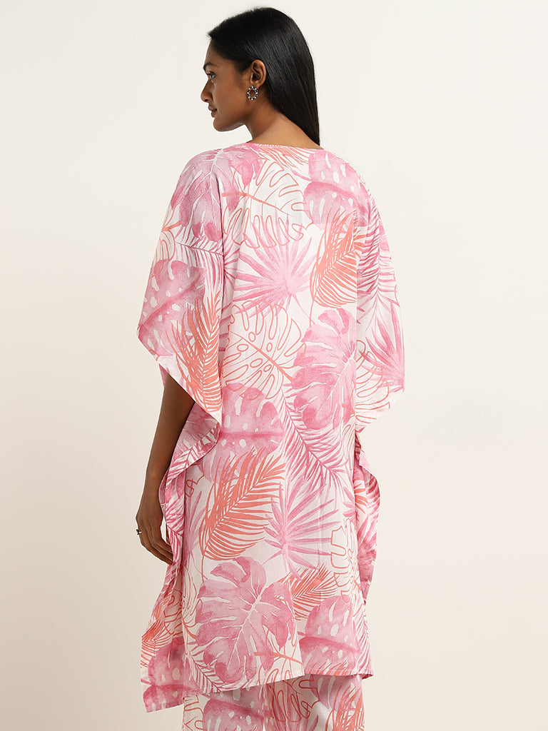 Utsa Pink Leaf Patterned A-Line Kaftan-Style Kurta