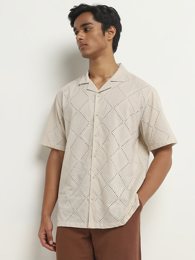 ETA Taupe Schiffli Design Relaxed-Fit Cotton Shirt