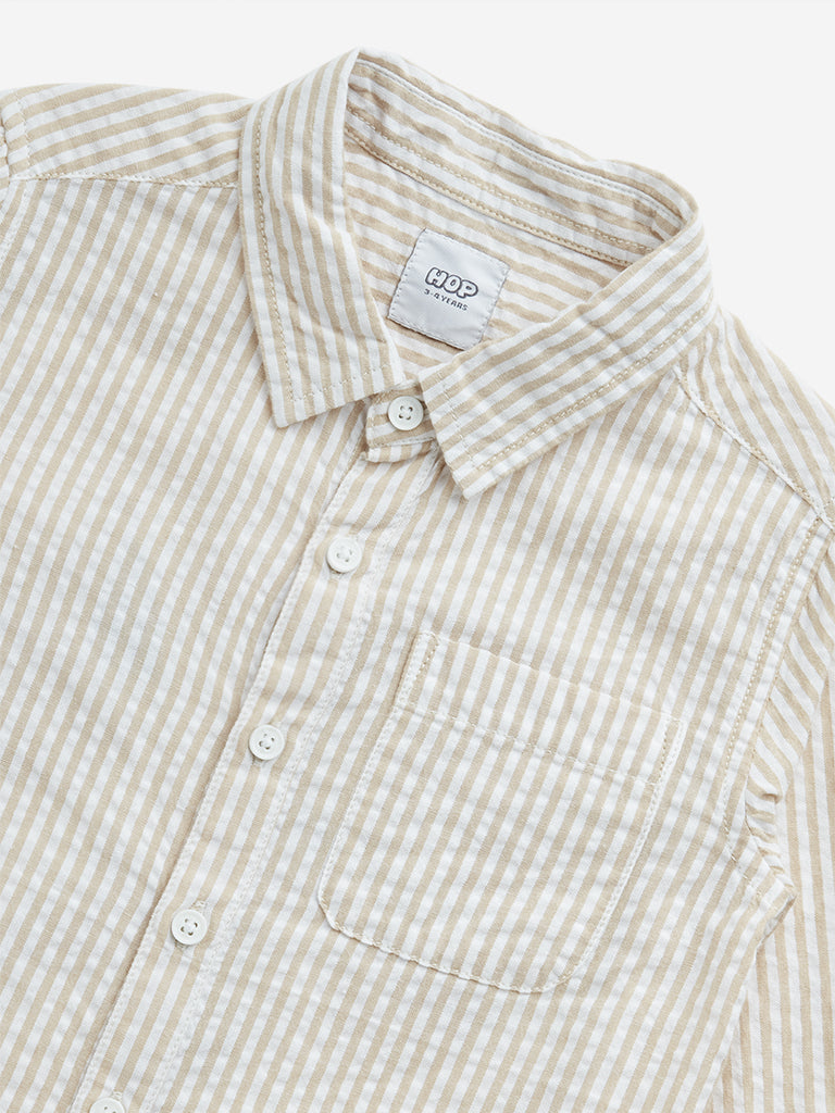 HOP Kids Beige Striped Seersucker Cotton Shirt