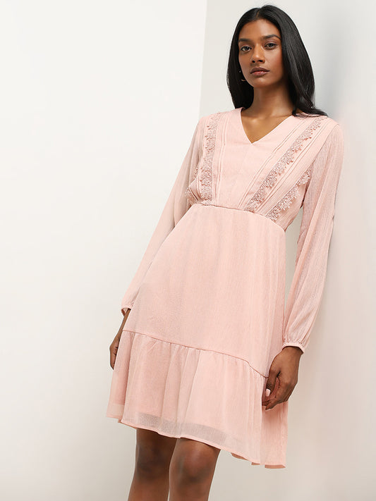 Wardrobe Peach Lace Detailed Tiered Dress