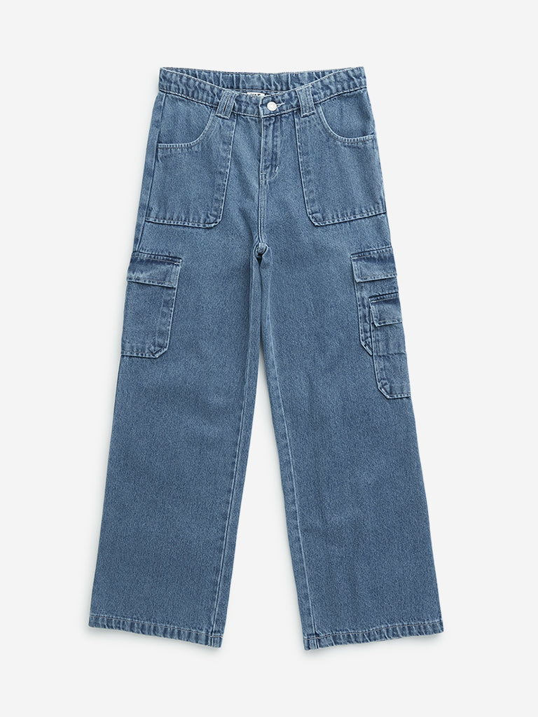 Y&F Kids Blue High - Rise Relaxed - Fit Cargo-Style Jeans