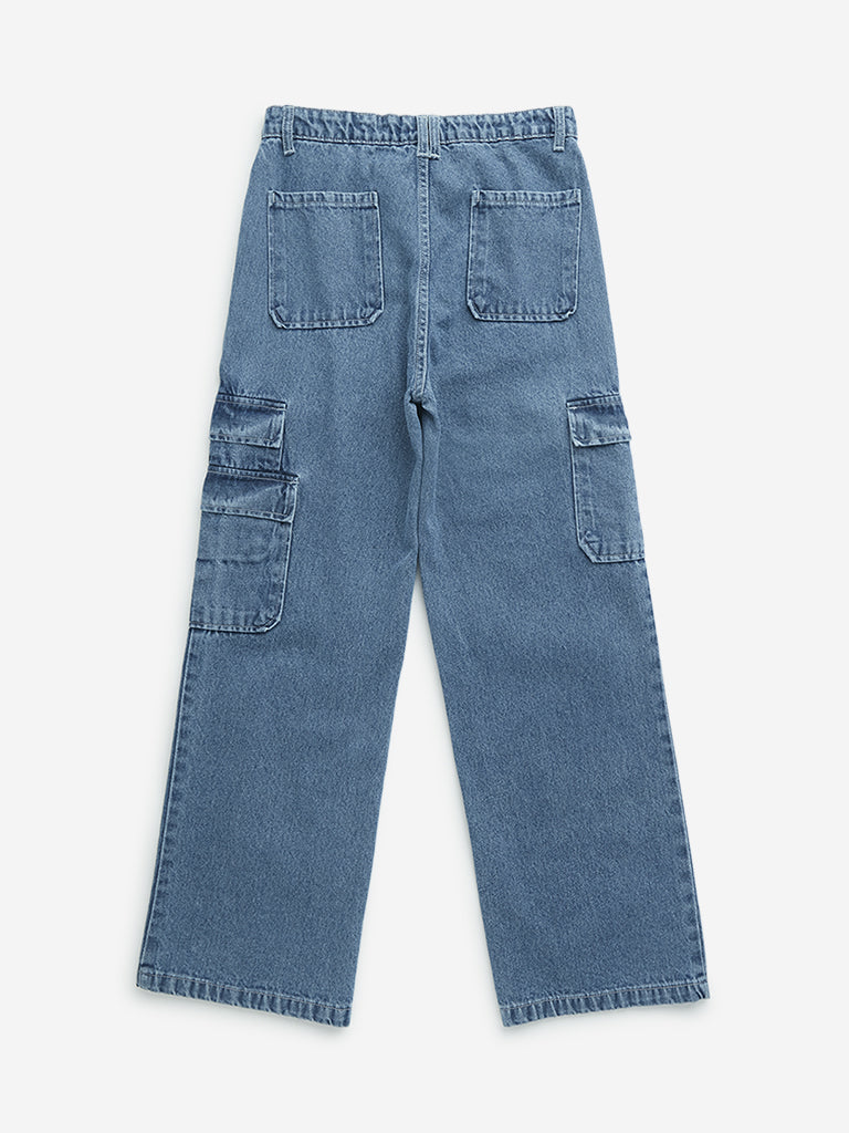 Y&F Kids Blue High - Rise Relaxed - Fit Cargo-Style Jeans