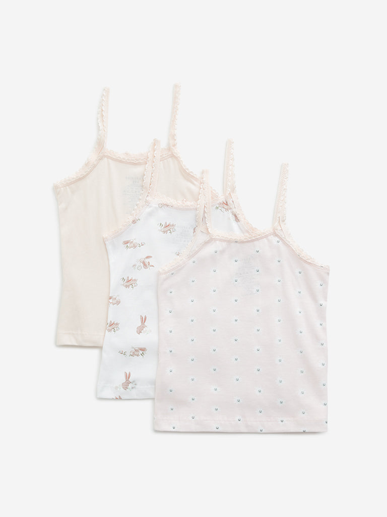 HOP Kids Light Pink Printed Cotton Camisoles - Pack of 3