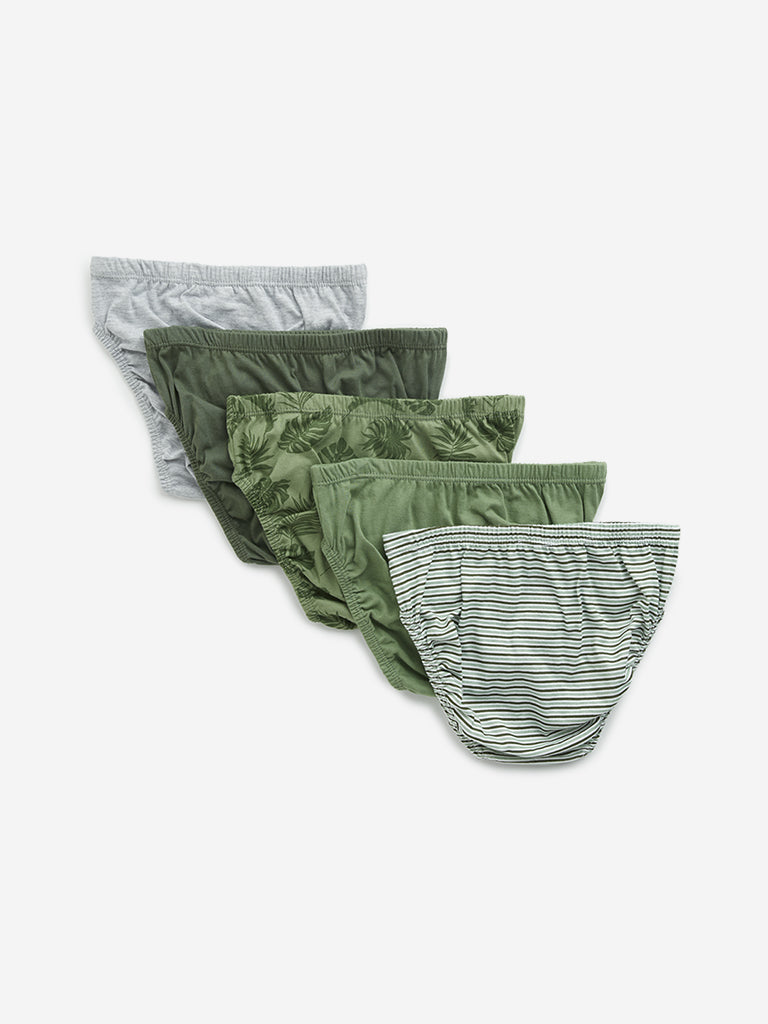 Y&F Kids Olive Printed Cotton Briefs - Pack of 5