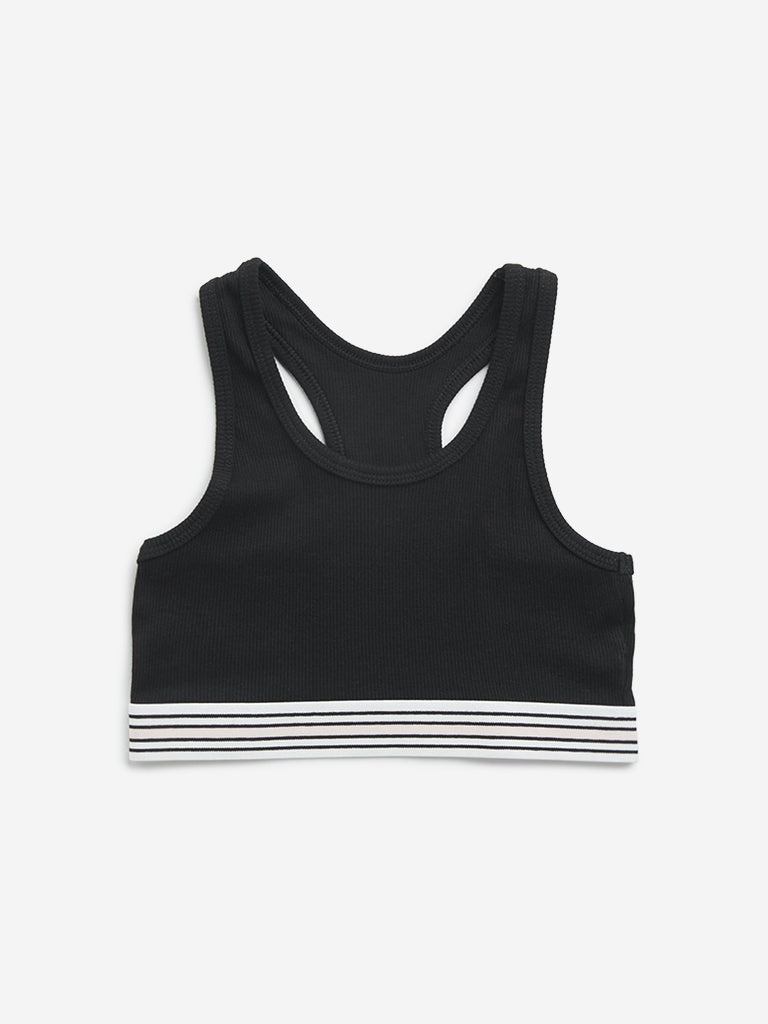 Y&F Kids Black Ribbed Textured Cotton Blend Crop Top