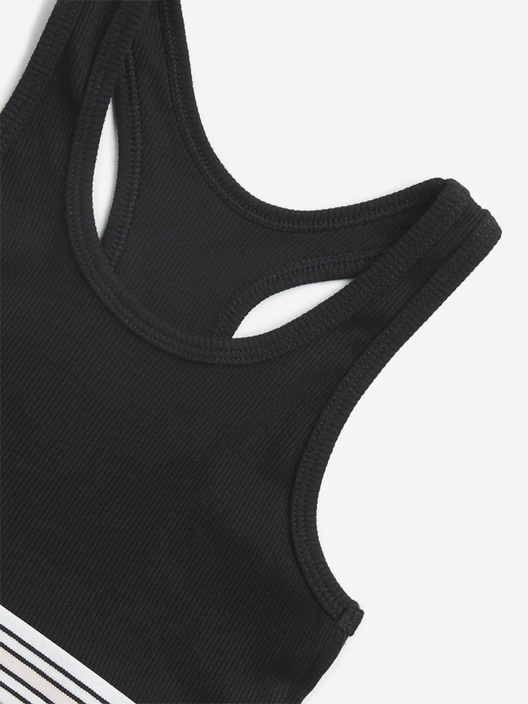 Y&F Kids Black Ribbed Textured Cotton Blend Crop Top