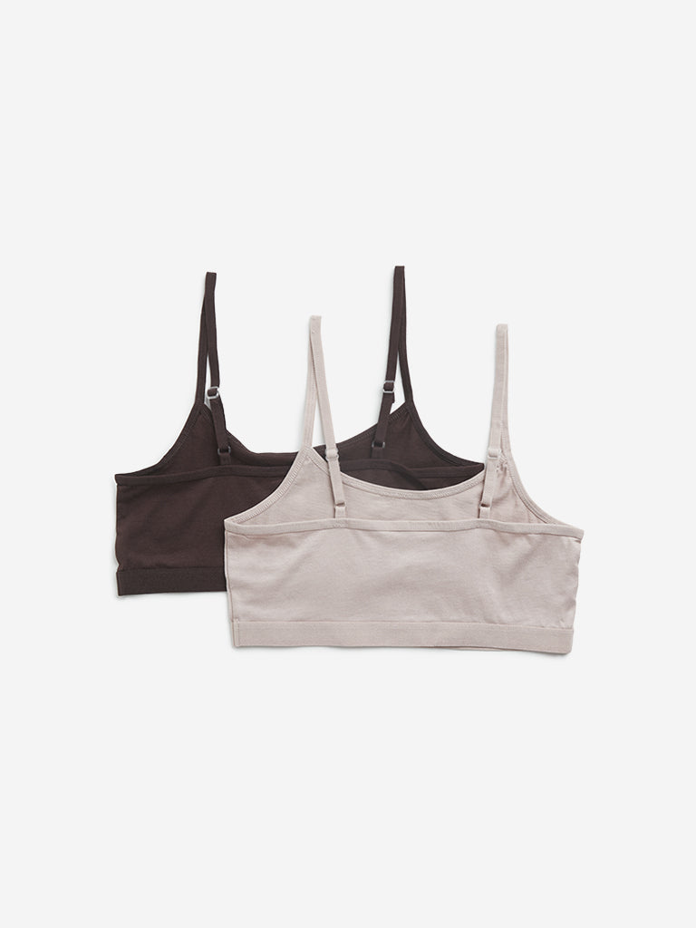 Y&F Kids Beige & Dark Brown Cotton Crop Top - Pack of 2