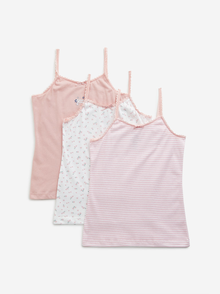 Y&F Kids Pink Printed Cotton Camisoles - Pack of 3