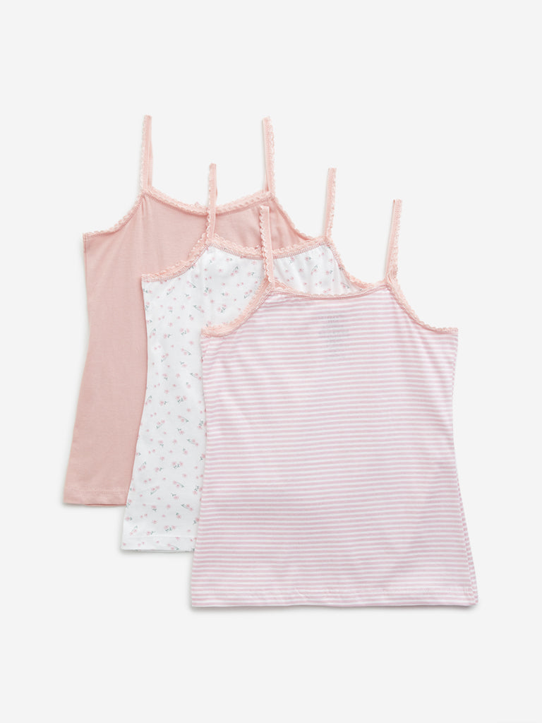 Y&F Kids Pink Printed Cotton Camisoles - Pack of 3