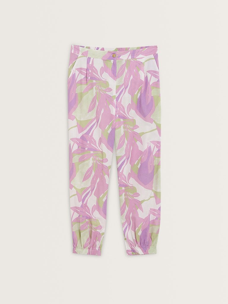 Bombay Paisley Lilac Printed Cotton Blend High-Rise Pants