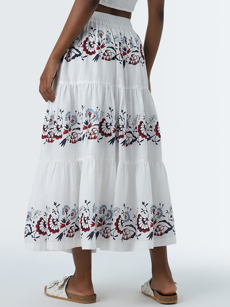 Bombay Paisley White Floral Printed Tiered Cotton Skirt