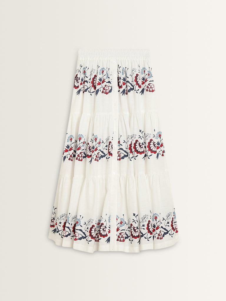 Bombay Paisley White Floral Printed Tiered Cotton Skirt