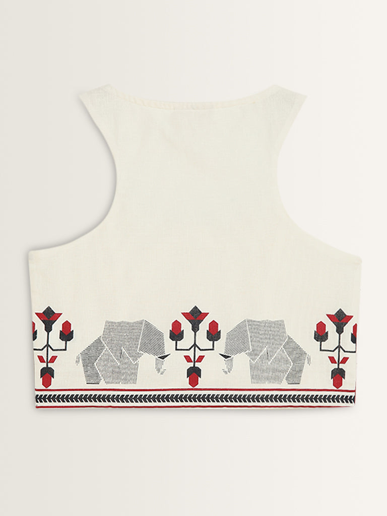 Bombay Paisley Ivory Printed Waistcoat-Style Cotton Top