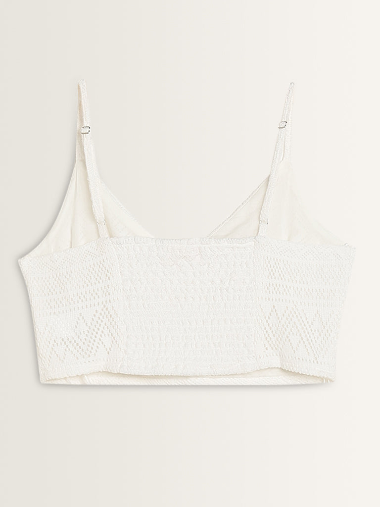 Bombay Paisley White Knit-Textured Crop Top