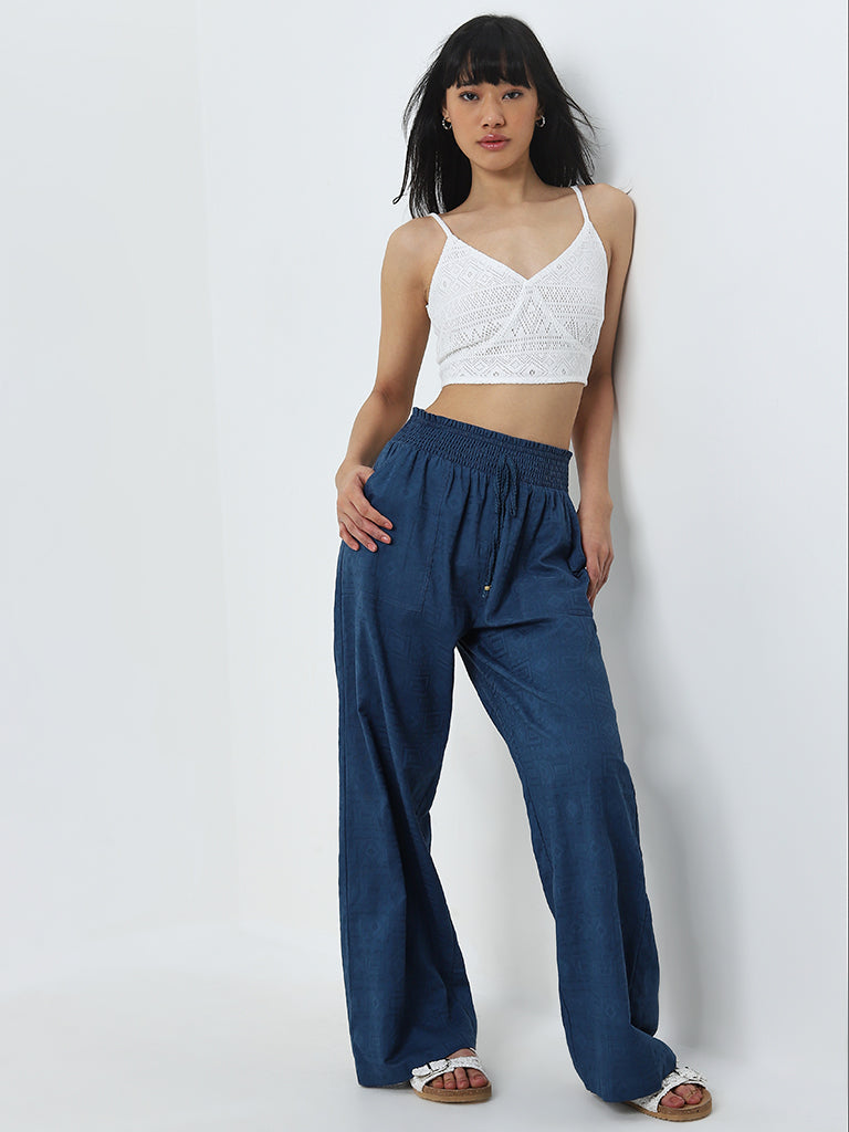 Bombay Paisley White Knit-Textured Crop Top