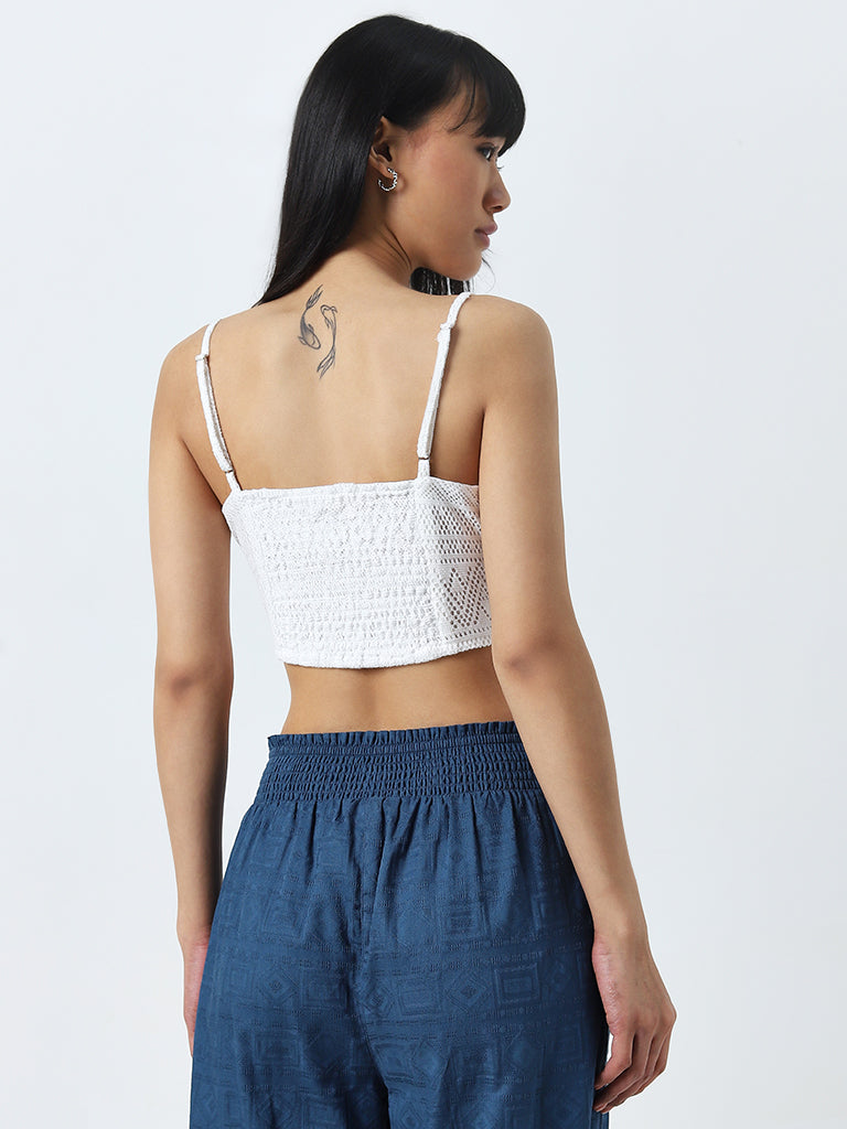 Bombay Paisley White Knit-Textured Crop Top