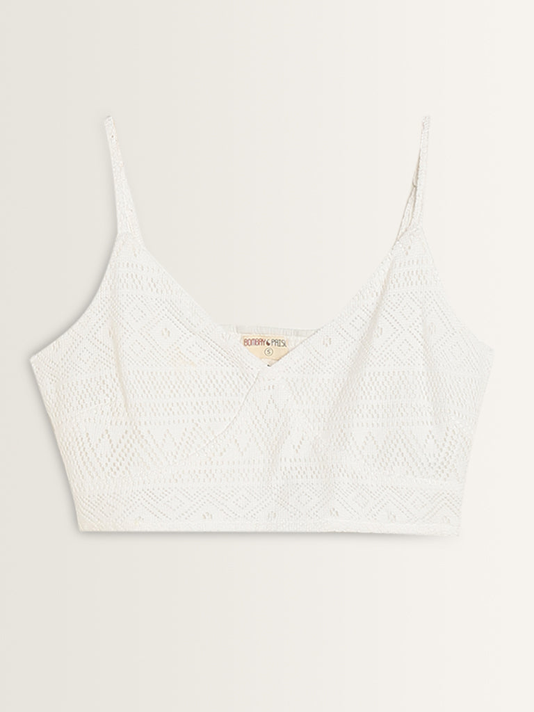 Bombay Paisley White Knit-Textured Crop Top