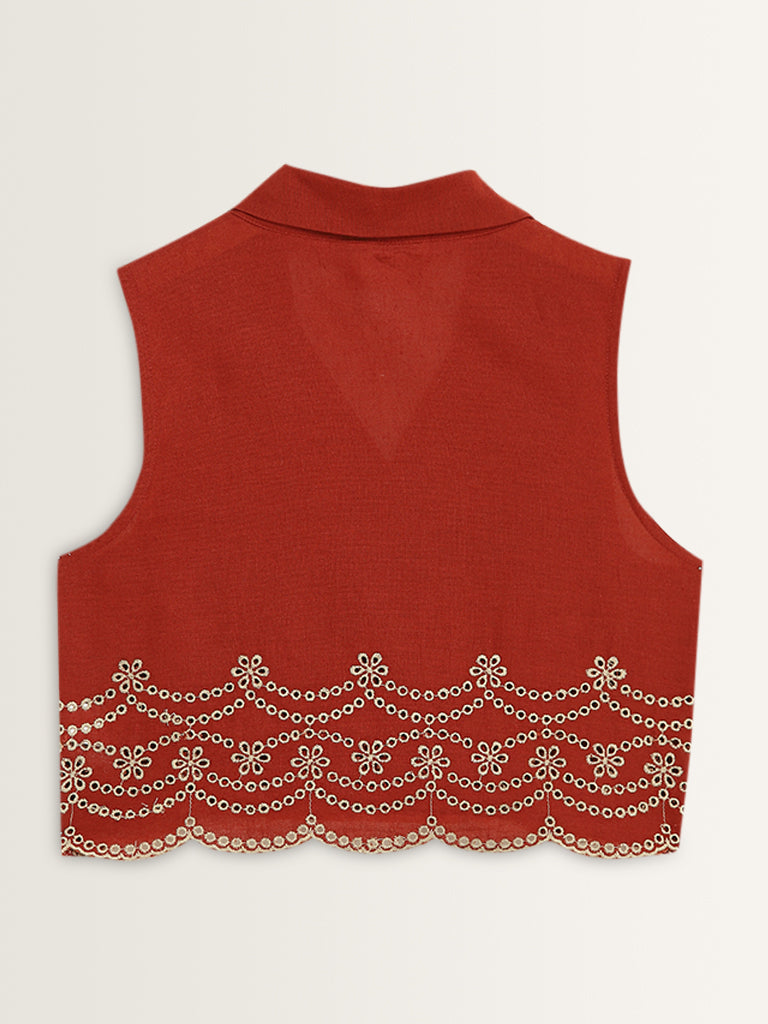 Bombay Paisley Red Schiffli Waistcoat-Style Cotton Top