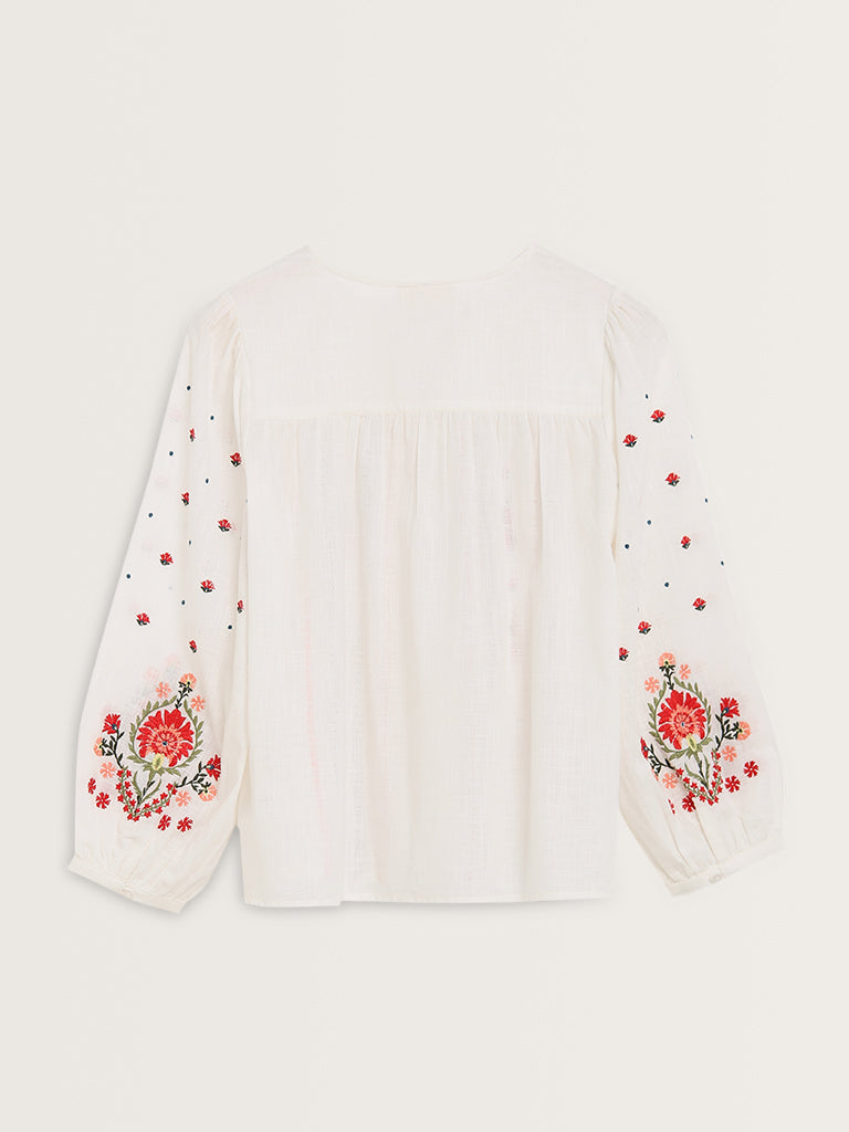 Bombay Paisley White Floral Embroidered Cotton Blouse