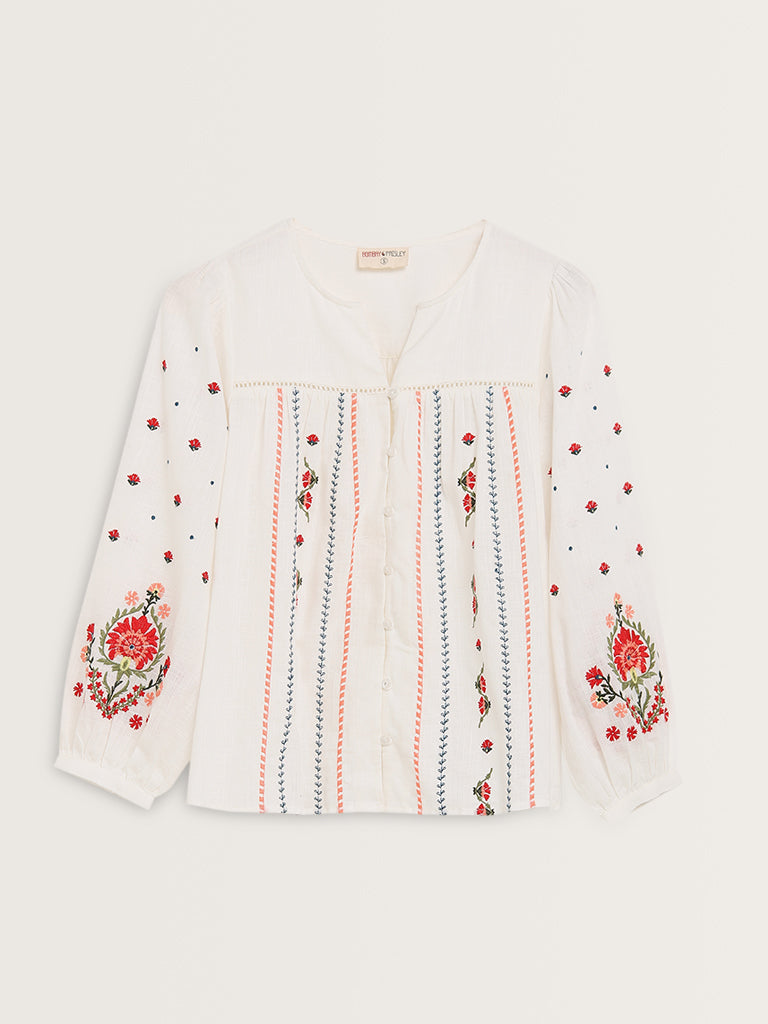 Bombay Paisley White Floral Embroidered Cotton Blouse