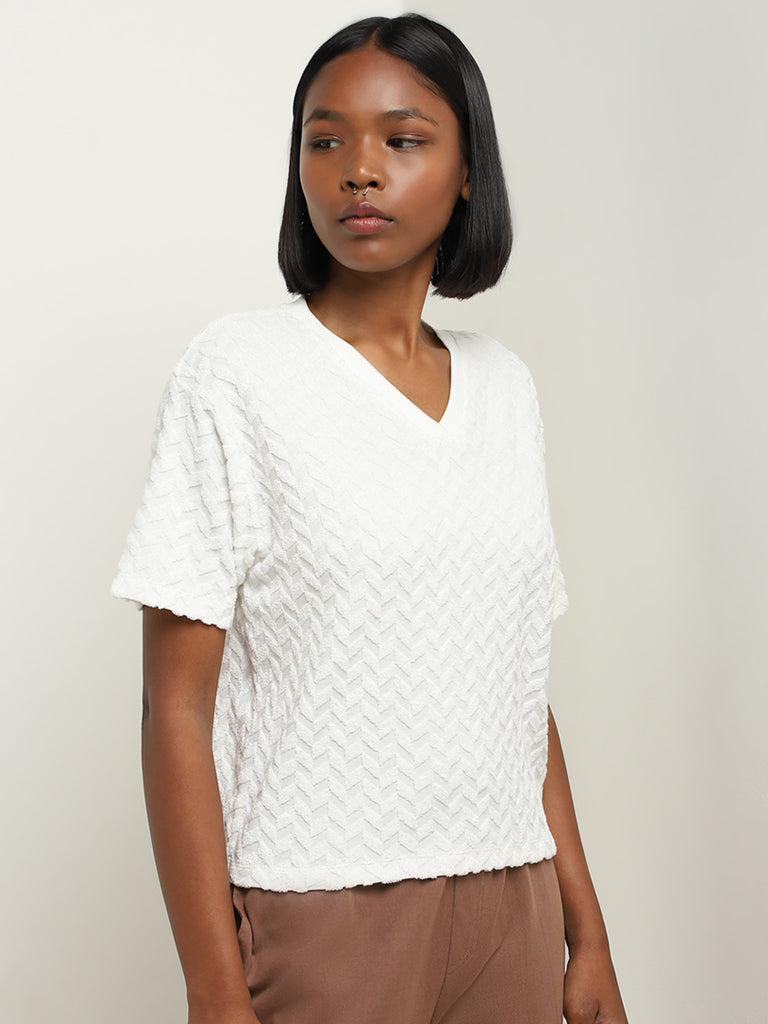 Studiofit White Chevron Textured Cotton Blend T-Shirt