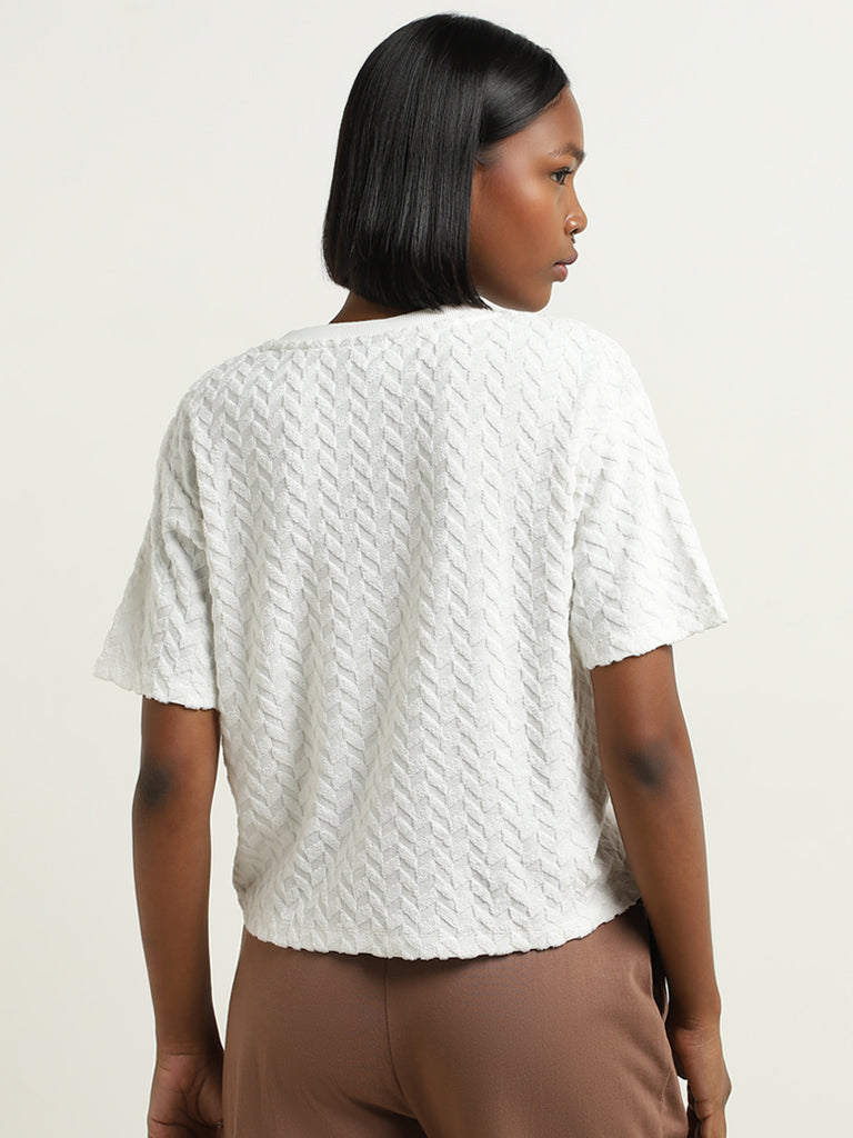 Studiofit White Chevron Textured Cotton Blend T-Shirt