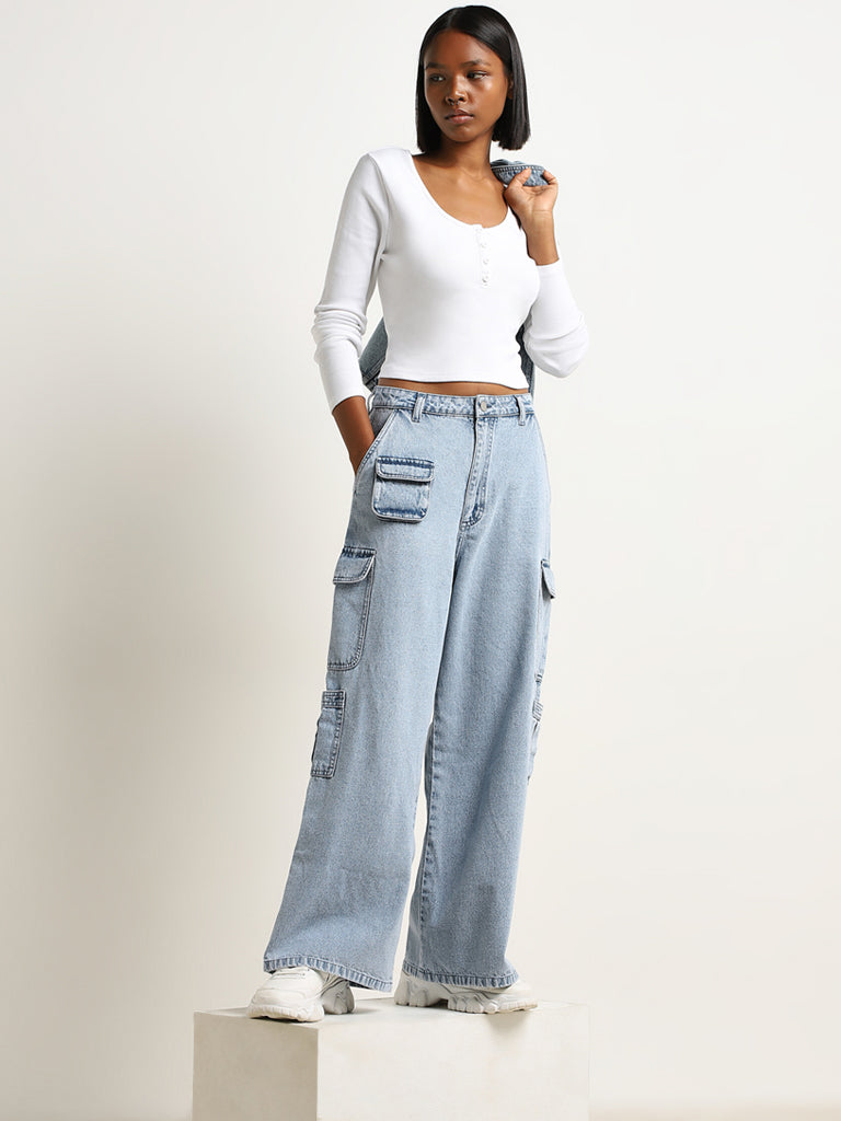 Nuon Light Blue Cargo-Style Mid - Rise Relaxed - Fit Jeans