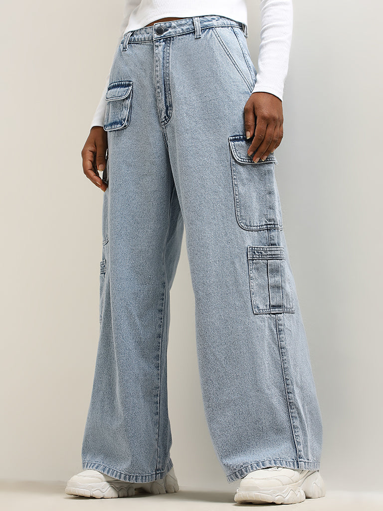 Nuon Light Blue Cargo-Style Mid - Rise Relaxed - Fit Jeans