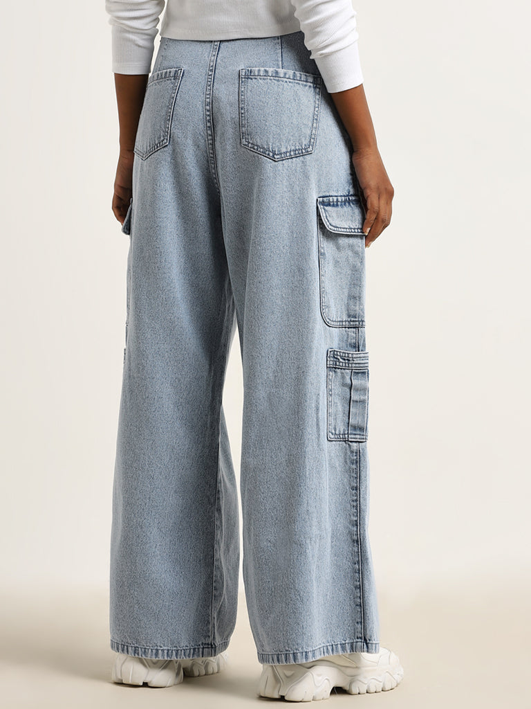 Nuon Light Blue Cargo-Style Mid - Rise Relaxed - Fit Jeans