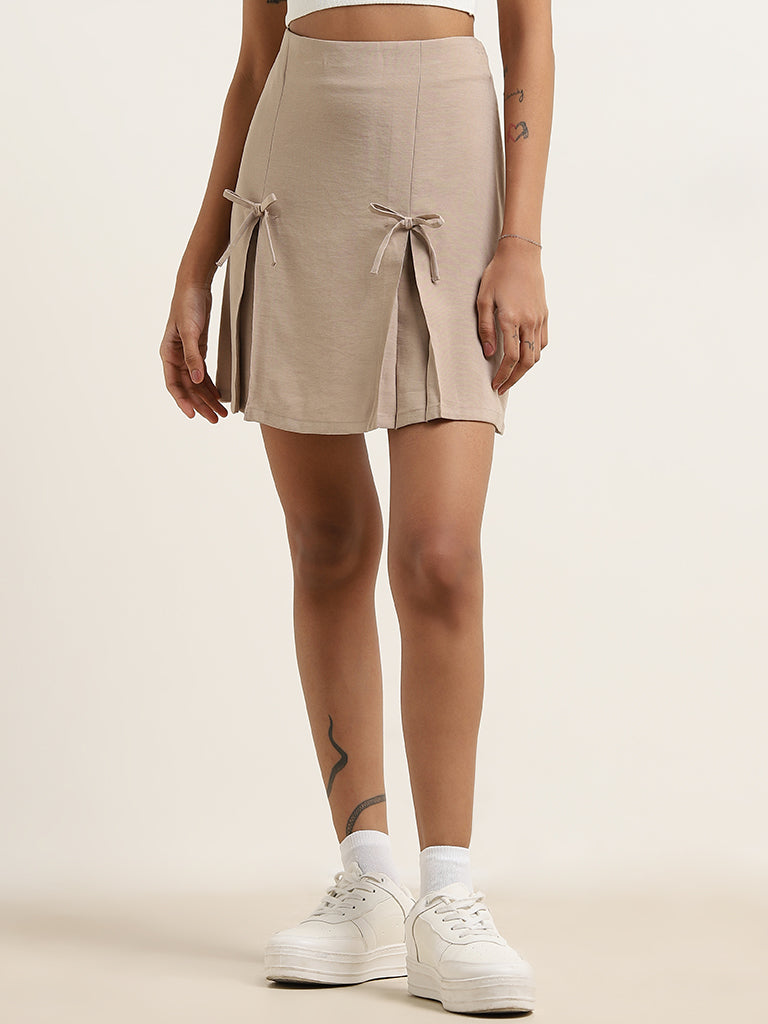 Nuon Beige Bow-Detailed High-Rise Cotton Skirt