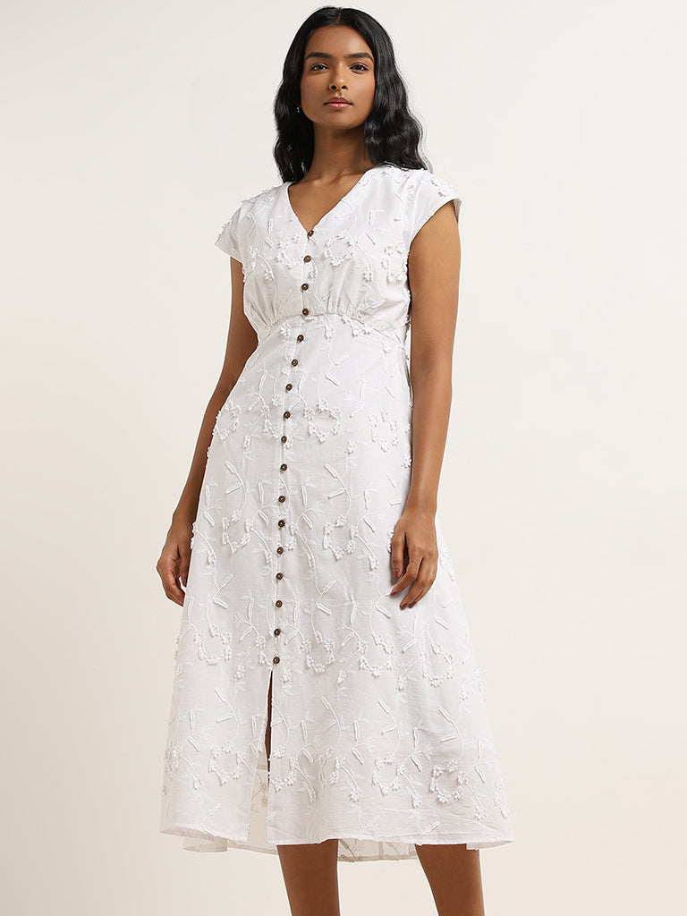 LOV White Floral Embroidered A-Line Cotton Dress