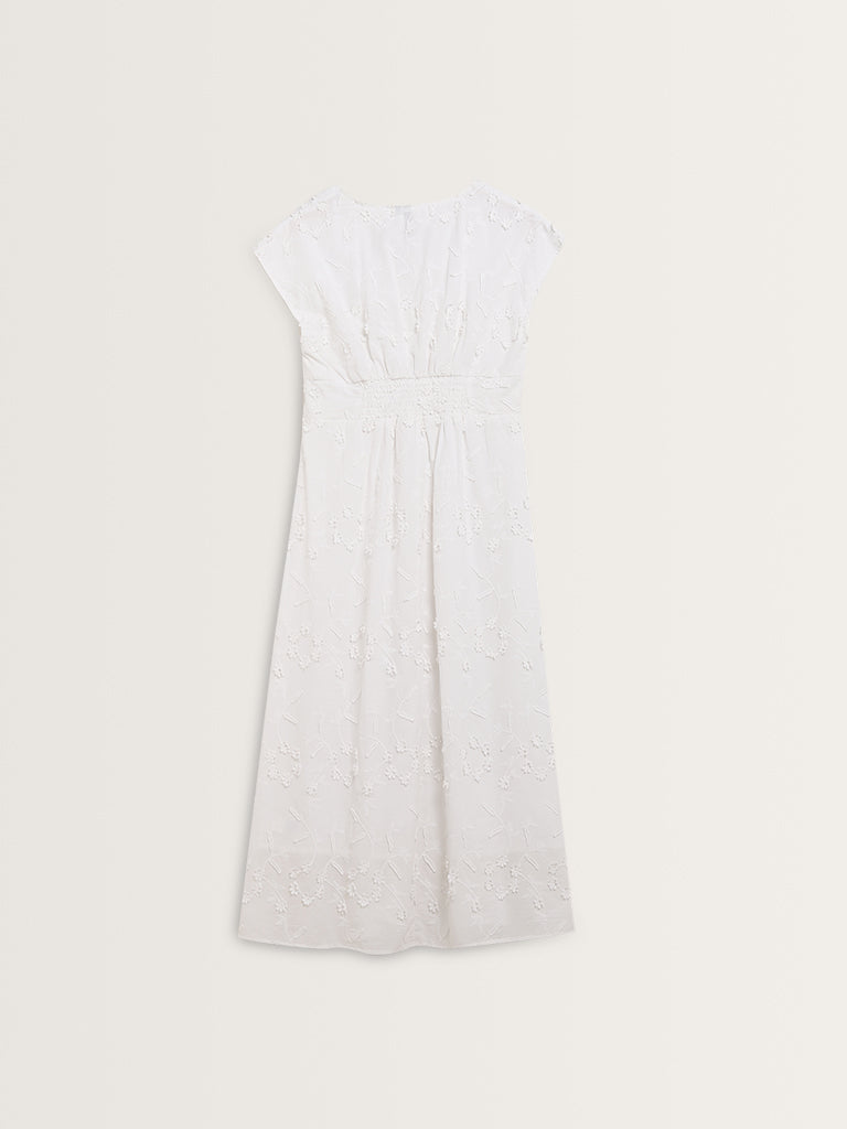 LOV White Floral Embroidered A-Line Cotton Dress