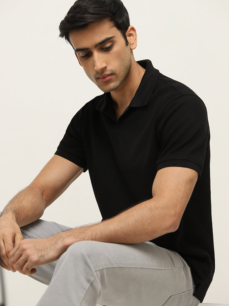 WES Casuals Black Knitted Relaxed-Fit Cotton Polo T-Shirt