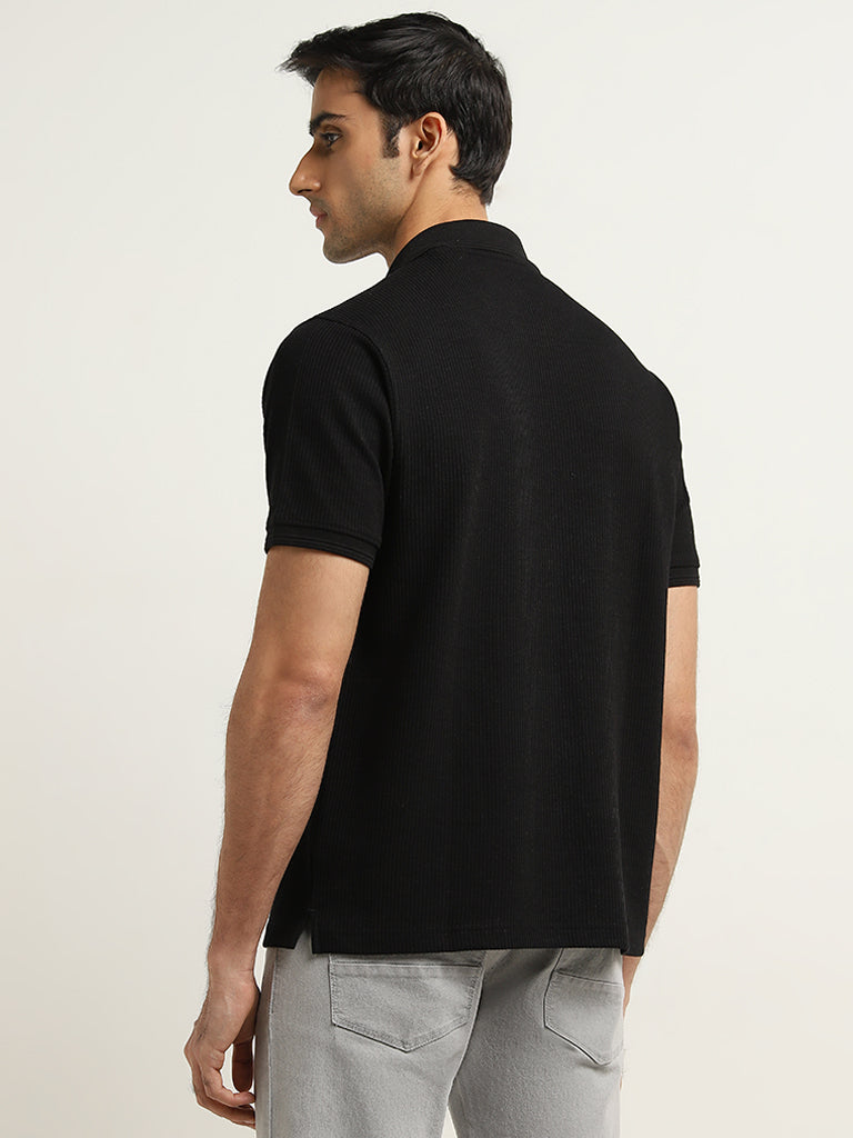 WES Casuals Black Knitted Relaxed-Fit Cotton Polo T-Shirt