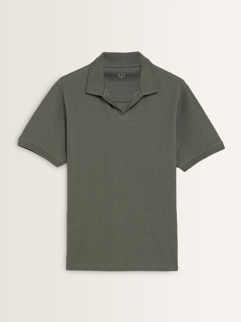 WES Casuals Dusty Olive Relaxed-Fit Cotton Polo T-Shirt