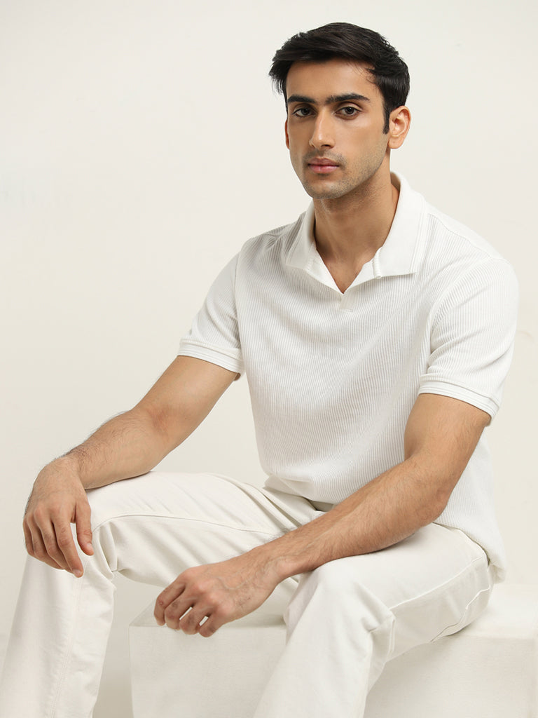 WES Casuals White Knitted Relaxed-Fit Cotton Polo T-Shirt