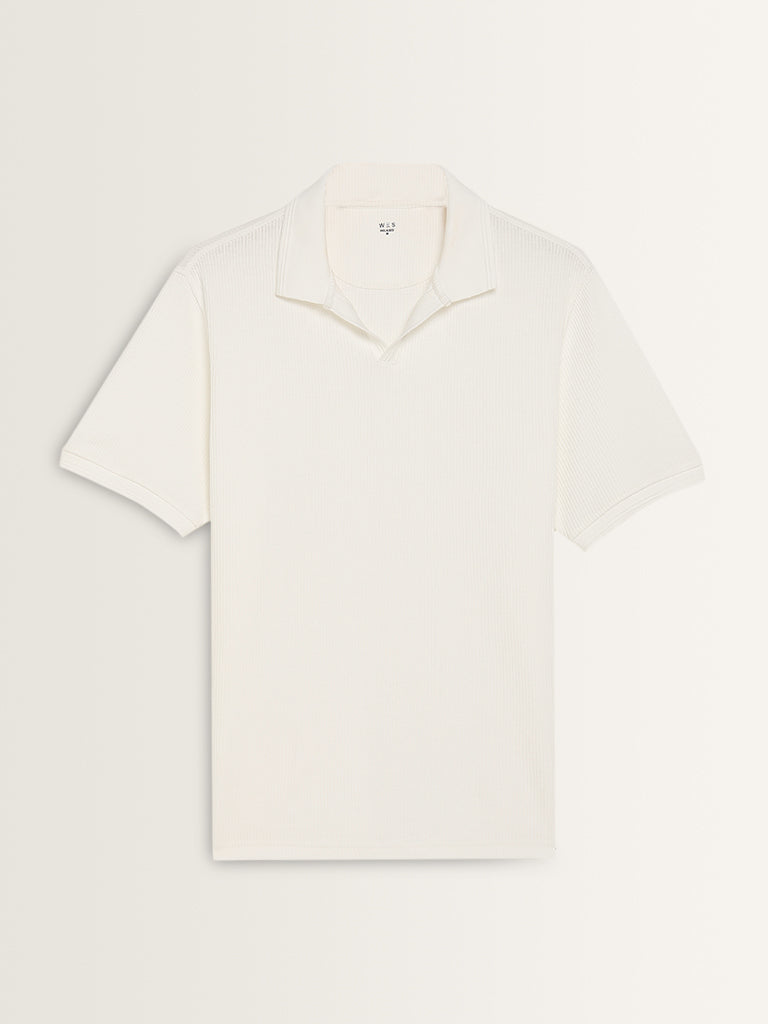 WES Casuals White Knitted Relaxed-Fit Cotton Polo T-Shirt