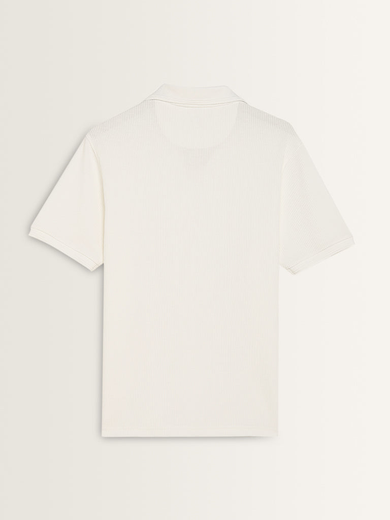 WES Casuals White Knitted Relaxed-Fit Cotton Polo T-Shirt