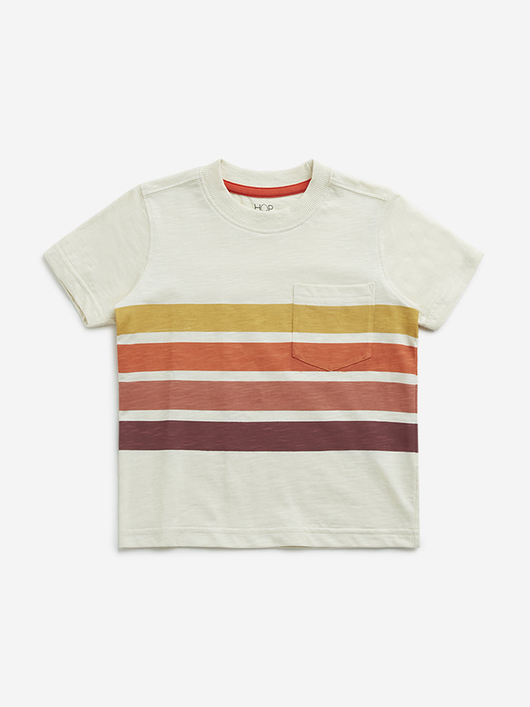 HOP Kids Beige Stripe Printed Cotton T-Shirt