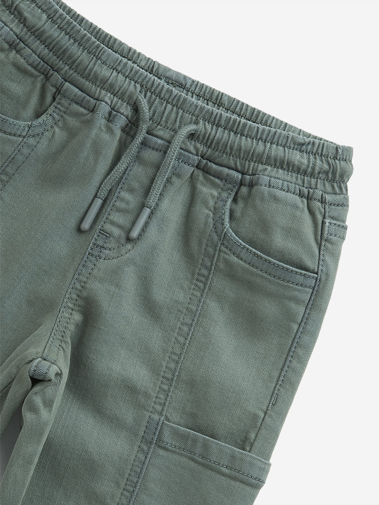 HOP Kids Olive Cargo-Style Mid-Rise Denim Joggers