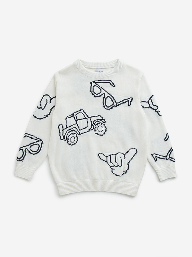 HOP Kids Off-White Car Design Cotton Sweater