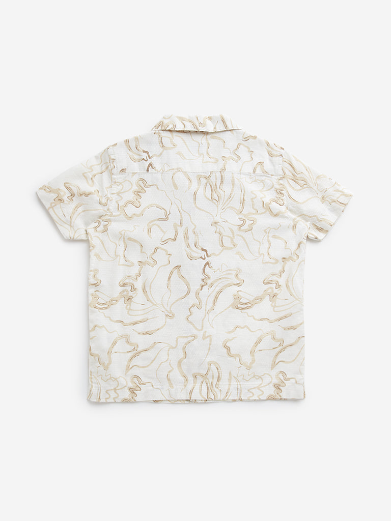 HOP Kids Beige Marble Print Resort-Fit Cotton Shirt