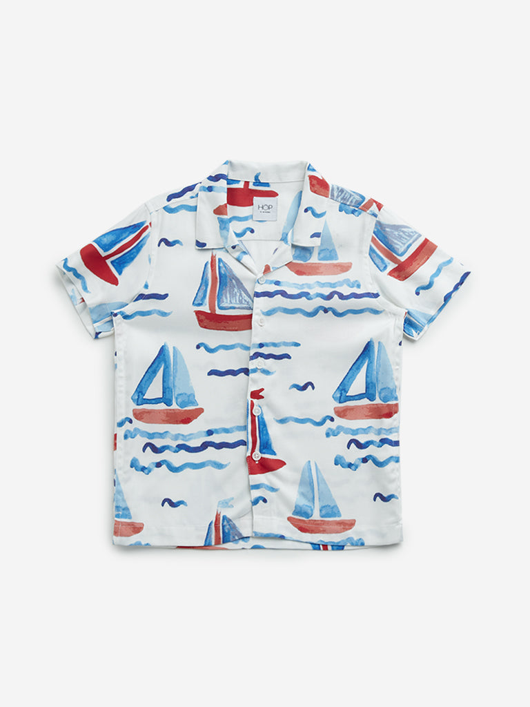 HOP Kids White & Blue Sea-Inspired Printed Shirt