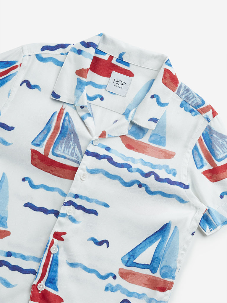 HOP Kids White & Blue Sea-Inspired Printed Shirt