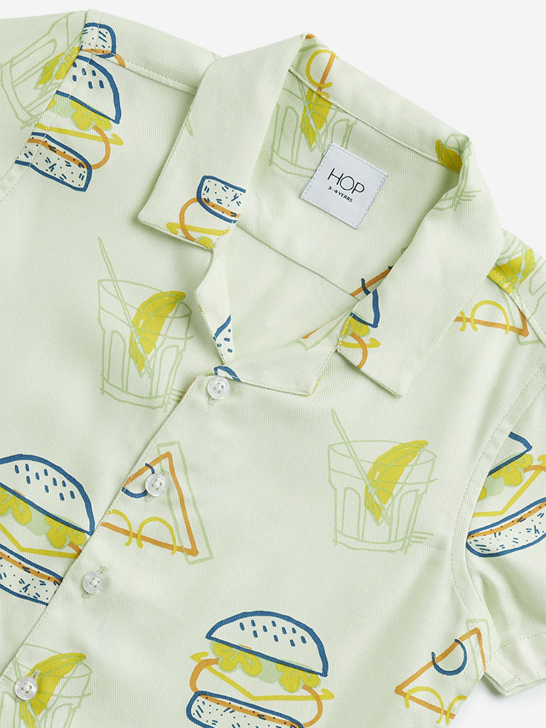 HOP Kids Light Green Burger Printed Shirt