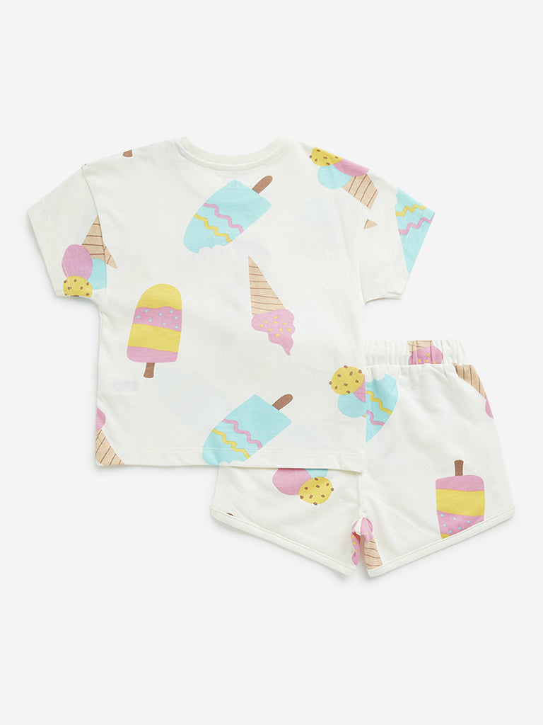 HOP Kids Off-White Printed Cotton T-Shirt with Shorts Set