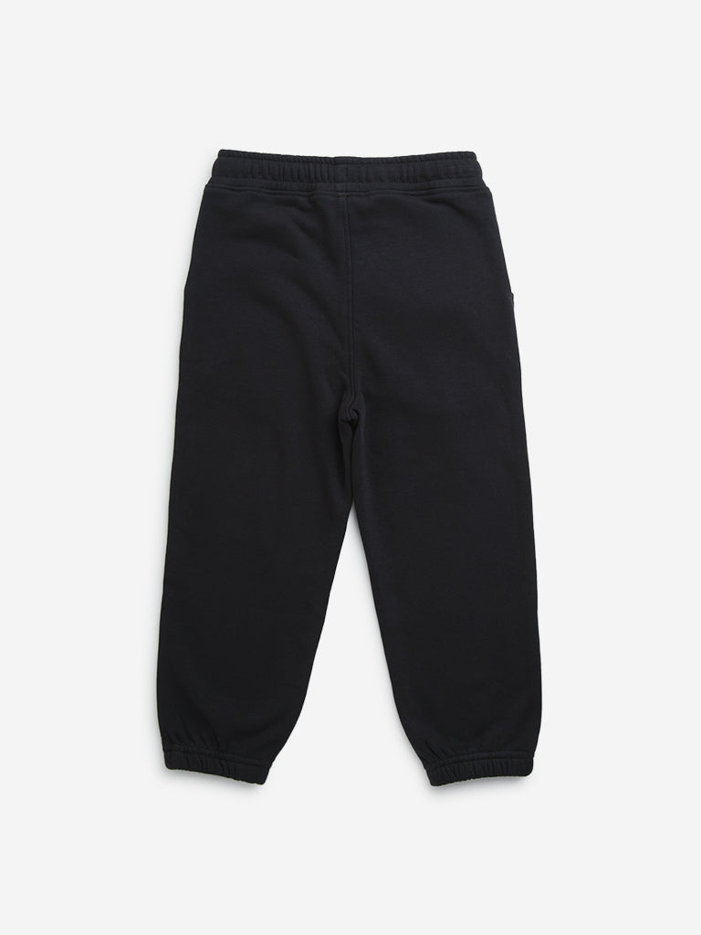 HOP Kids Black Printed High-Rise Cotton Blend Joggers