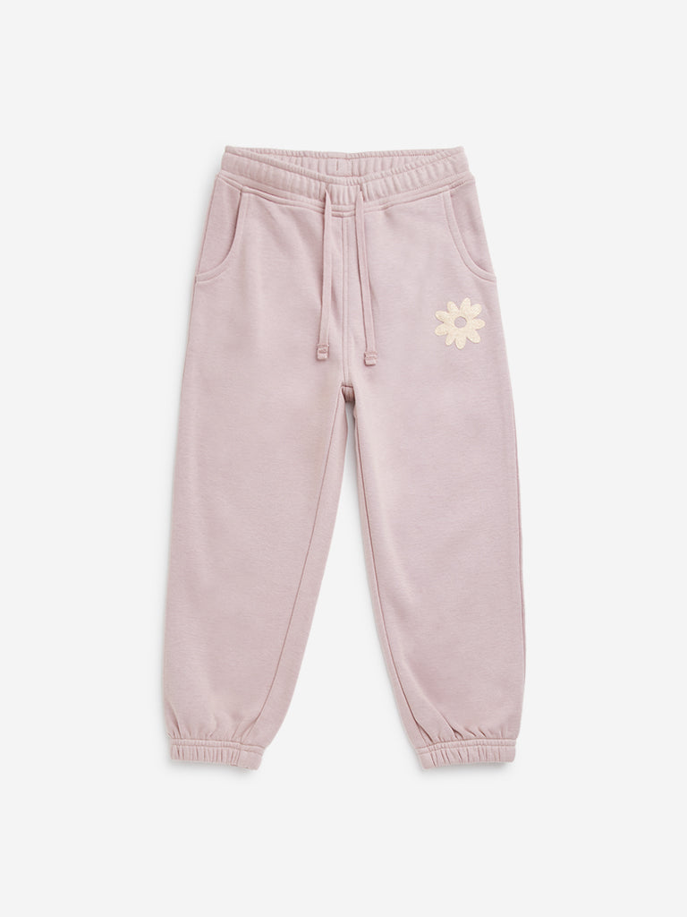 HOP Kids Dusty Pink Floral Design High-Rise Cotton Blend Joggers